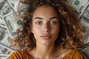 A young woman lying down with her head surrounded by various dollar bills - obrazy, fototapety, plakaty