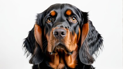   Up-close image of a black-brown dog with orange markings on its eyes against a clean white backdrop - obrazy, fototapety, plakaty