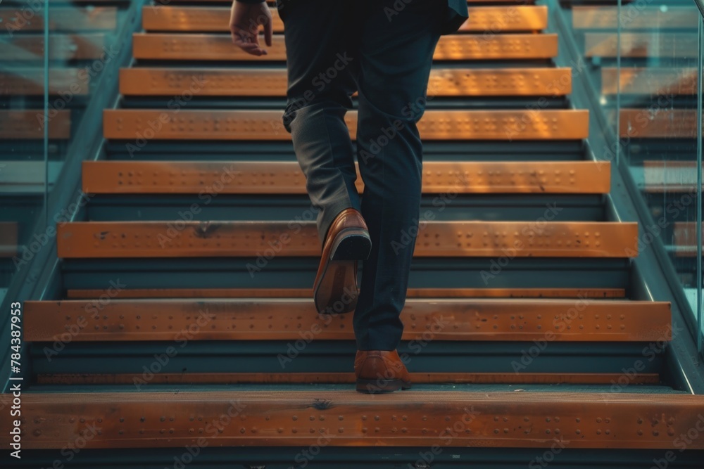 Poster a man in a suit walking up a flight of stairs. suitable for business and success concepts
