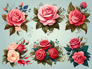 Beautiful flower collection with roses leaves floral bouquets flower compositions