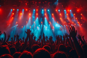 Energetic concert crowd with hands raised enjoying music under a vibrant light show, conveying...