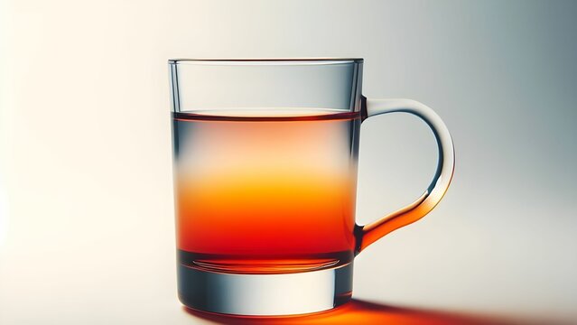  A glass cup containing a gradient mixture of transparent orange liquid on an abstract white background