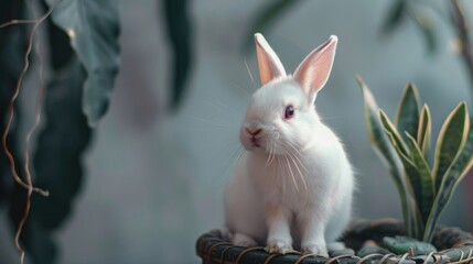 A white rabbit sitting in a basket next to a plant. Suitable for Easter or nature concepts