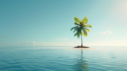Fototapeta na wymiar Tiny island with one palm tree in the middle of an ocean