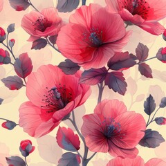 Watercolor large pink flowers, hand painted in a seamless pattern.