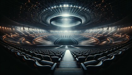 expansive modern stadium. The photo captures the vast array of empty black seats - obrazy, fototapety, plakaty