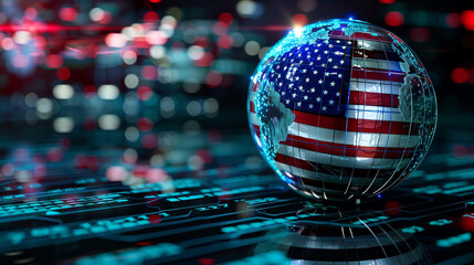 The digital world globe centered on the USA, the concept of a global network and connectivity on Earth, data transfer and cyber technology, information exchange, and international telecommunication