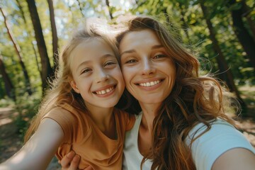 Obraz premium Two women posing for a selfie in a natural setting. Ideal for social media or outdoor lifestyle content