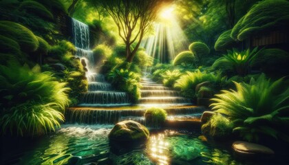 peaceful garden waterfall, with sunlight filtering through lush green foliage. - obrazy, fototapety, plakaty