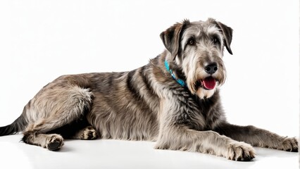   A close-up of a dog lying on a white surface with two blue collars around its neck