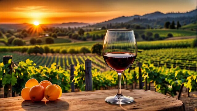 Sunset over vineyards with a glass of red wine. Generative AI Video. ProRes LT 59.94 FPS is available in 4K 16:9.