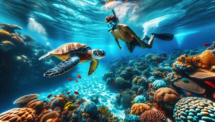 snorkeler underwater in clear blue waters, close to a vividly colored sea turtle, surrounded by a diverse and vibrant coral reef ecosystem.