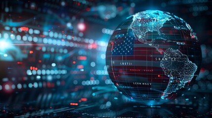 The digital world globe centered on the USA, the concept of a global network and connectivity on Earth, data transfer and cyber technology, information exchange, and international telecommunication