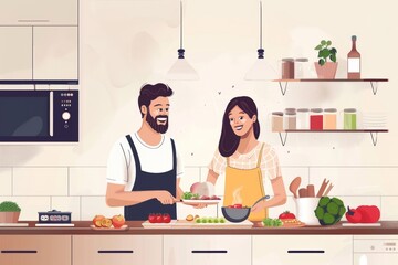 Happy couple cooking together. Husband and wife in their kitchen at home preparing healthy food, Generative AI 