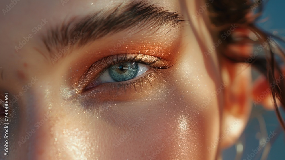 Poster a close up of a person's eye with a blue sky in the background. suitable for various design projects