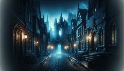 atmospheric medieval town at night, with deserted cobblestone streets lit by ethereal blue light. Gothic buildings with peaked roofs and arched - obrazy, fototapety, plakaty