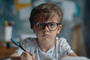 Naklejka na ściany i meble A young boy wearing glasses is seen writing in a book. Suitable for educational and school-related concepts