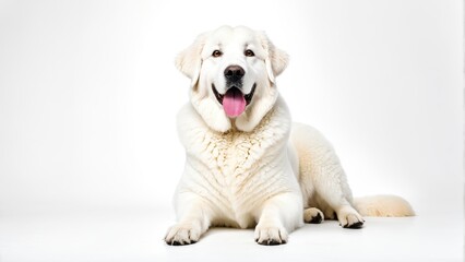   A large white dog is sitting down with its tongue hanging out to one side