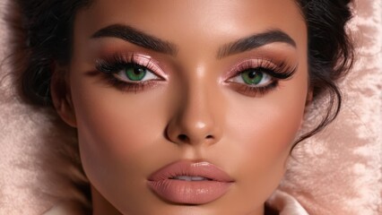 Fototapeta premium A tight shot of a woman's face, her green eyes gleaming, donned in a pink fur coat against a soft pink background