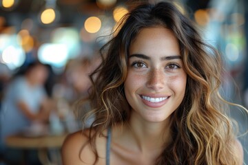 A cheerful young woman with curly hair smiling brightly in a cafe setting