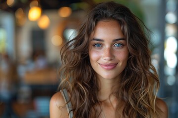 Obraz premium Radiant woman with curly tresses and striking blue eyes at a modern eatery