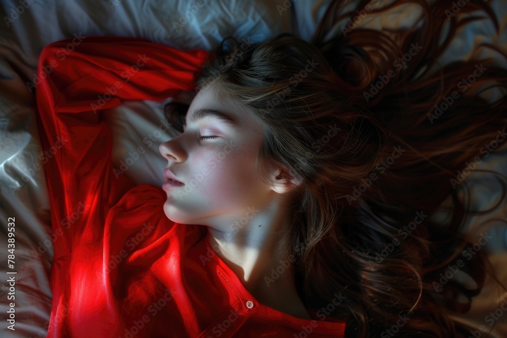 Poster a peaceful image of a young girl resting on a bed. suitable for various concepts