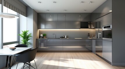 Beautiful Grey Modern Kitchen in a Luxury Apartment with Stainless Steel Appliances