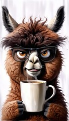   A llama dons glasses and holds a coffee cup, its nose near the mug's rim