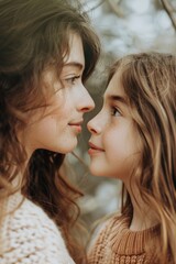 A touching moment captured between a mother and her daughter. Perfect for family and parenting themes