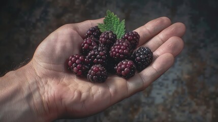 Person holding a handful of fresh blackberries, suitable for food and healthy lifestyle concepts - obrazy, fototapety, plakaty