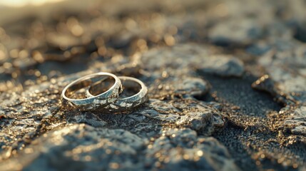 Wedding rings displayed on a rock, suitable for wedding themes