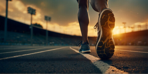 A focus on the shoes of an athlete running on a track - obrazy, fototapety, plakaty