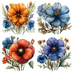Set of watercolor bouquets of flowers on a white background. Illustrations hand painted close up.