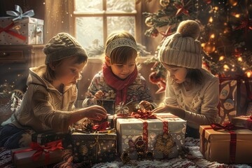 Kids opening gifts by festive tree, suitable for holiday concepts