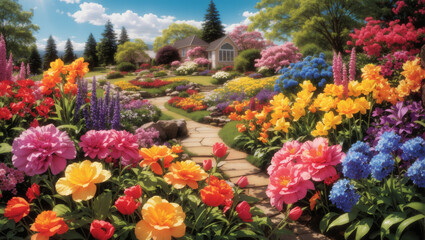 Fototapeta na wymiar A garden path with many flowers of different colors, including yellow, orange, pink, and purple.