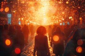 A warmly lit festive evening street scene with blurred pedestrians evoking feelings of community...