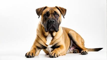   A large brown dog rests atop a white floor Nearby, another dog - black and brown in color - lies on the same white surface - obrazy, fototapety, plakaty