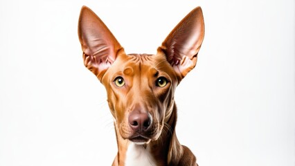   A brown and white dog in a close-up, gazing at the camera with earnest expression, revealing intricacies of his fur and distinctly positioned ears - obrazy, fototapety, plakaty