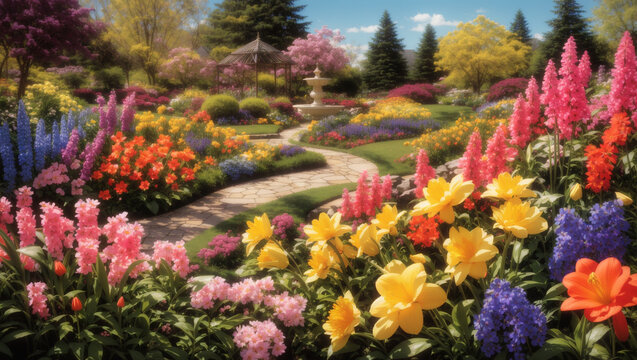 A garden path with many flowers of different colors, including yellow, orange, pink, and purple.

