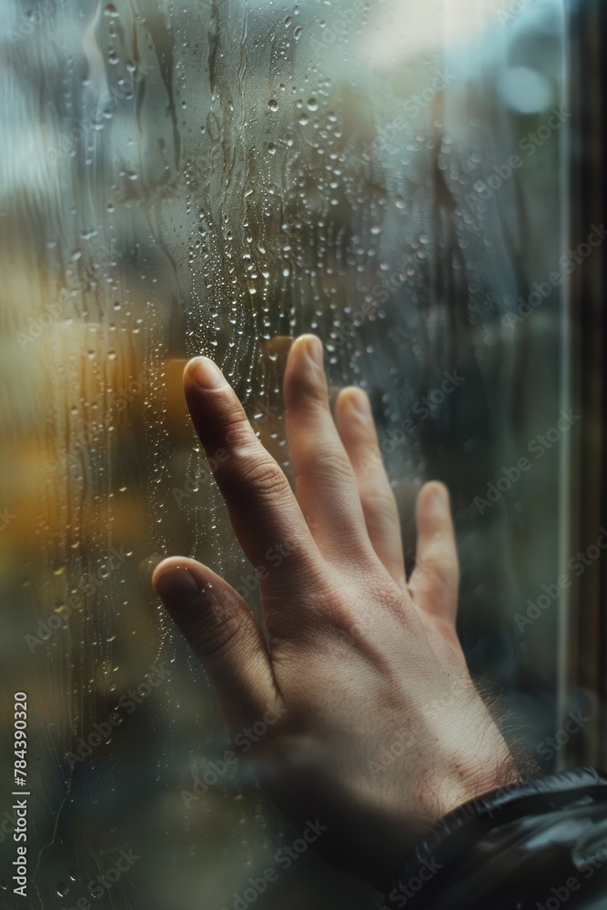 Poster a person's hand on a window with water droplets. suitable for various concepts and designs