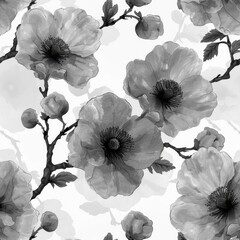 Hand painted monochrome color seamless pattern with spring watercolor flowers