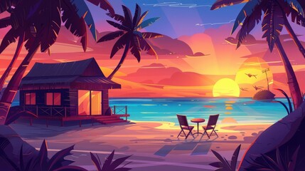Summer tropical landscape with bungalows on the ocean beach. Table and chairs on the balcony at sunset