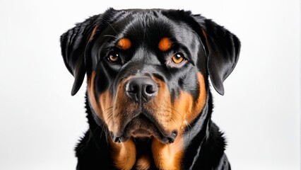   A tight shot of a black-brown dog with an orange marking on its face against a pristine white backdrop