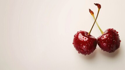 Fresh cherries with water droplets, perfect for food and health-related designs