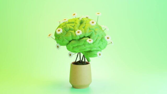 3D animation of green brain blooming flowers in pot plant