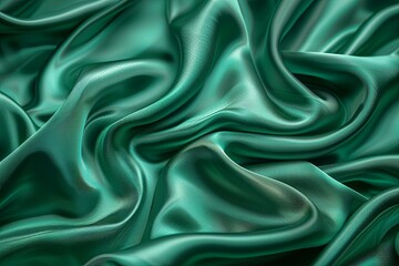 Obraz premium Green drapery silk fabric luxury background. Smooth shiny material, generative ai