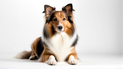   A brown-and-white dog sits before a white backdrop, gazing sadly at the camera