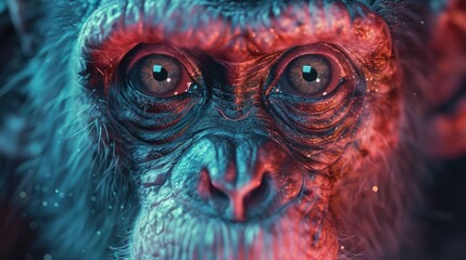 Close-up of a monkey's face with red eyes. Suitable for animal and wildlife themes - obrazy, fototapety, plakaty