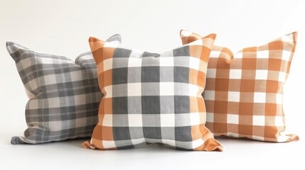Three decorative pillows in plaid, gray and orange.