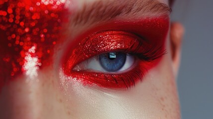 Close up of a woman's eye with red glitter, perfect for beauty and makeup concepts
